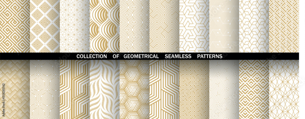 Poster Geometric set of seamless golden and white patterns. Simple vector graphics