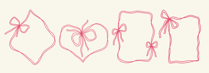 Scallop frame with line and bow whimsical style. Wavy line decorative whimsical border frame with bow. Scallop border wavy line. Vector illustration