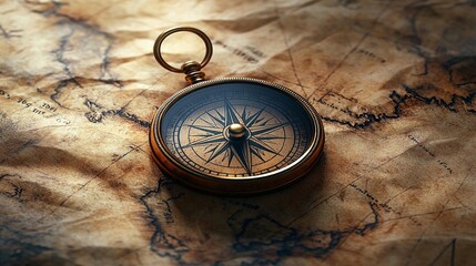 Antique Compass on Vintage Map