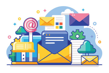 Mail sent concept depicts a modern digital communication environment with vibrant illustrations and various mail elements conveying connectivity and interaction in everyday life