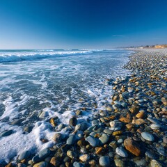 Tranquil Beach Scene Featuring Smooth Stones, Gentle Waves and Blue Sky for Relaxing Atmosphere