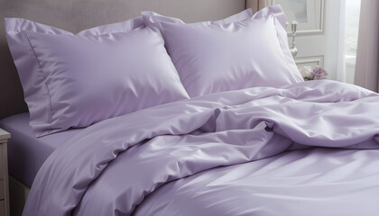 Elegant satin bedding set in a luxurious lavender hue, featuring a pillowcase, folded duvet cover, and flat sheet, creating a cozy and inviting sleep ... See More
