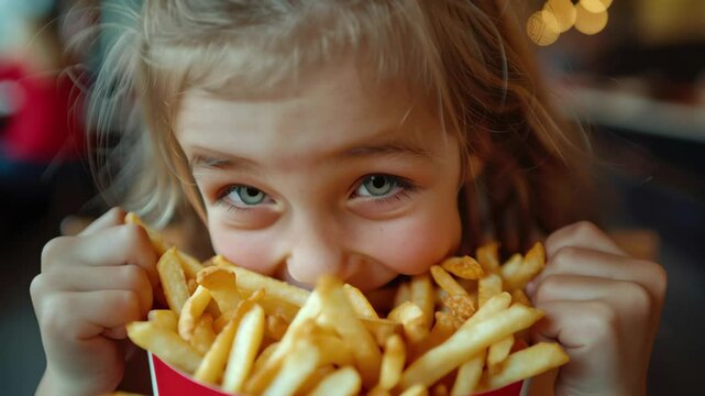 Joyful girl delighting in a big bucket of french fries at a casual dining spot, Funny girl kid enjoy eating french fries potatoes making faces in fast food restaurant