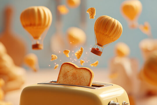 Toast ejection with tiny parachutes demonstrates creative breakfast fun in a cozy kitchen setting