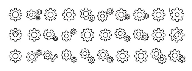 Settings Icon Set. Containing gear, tools, configuration, system, preferences, options, technical and mechanism icons. Solid icon collection.