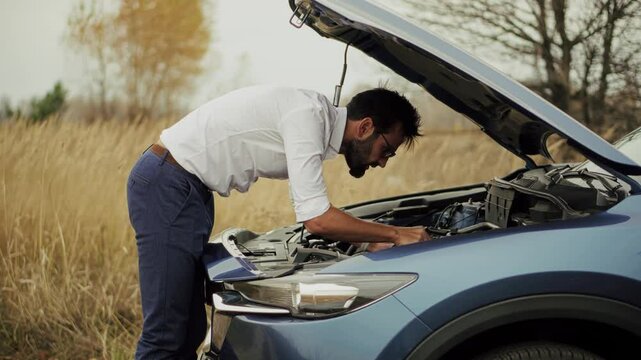 Man looking under hood of broken-down car