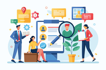 New employee recruitment process showcasing active search for candidates in modern office environment with diverse team members engaged in evaluation tasks