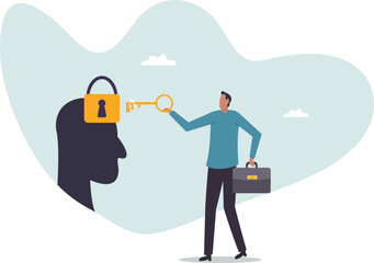 Unlock business idea, motivation to find out and search for business opportunity or creativity.character for design.