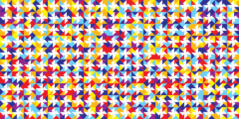 Bright multicolor pinwheel seamless bg. Abstract windmill triangle geometric pattern. Vivid motif for design of handkerchief, scarf, tie, bandana. Simple vector mosaic. Block quilt
