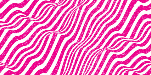 Magenta pink and white abstract grunge seamless zebra bg with noise texture. Optical illusion with wavy stripes. Simple wavy psychedelic vector illustration