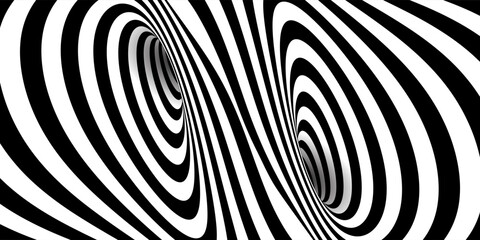Curved diagonal wormhole funnel entrance and exit bg. Abstract tunnel optical illusion with 3D portal effect. Circular whirlpool. Psychedelic vector illustration