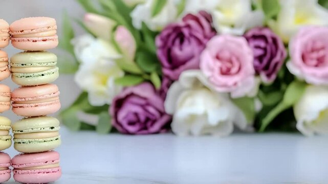 A stack of colorful macarons in front of a bouquet of flowers.