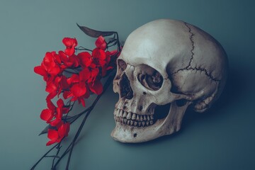 Artistic Still Life: A Human Skull Embraced by Elegant Floral Branches Against a Dark Abstract Background