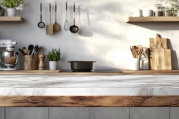 Sleek Marble Countertop on Rustic Wood Base with Softly Blurred Kitchen Accents for Custom Branding