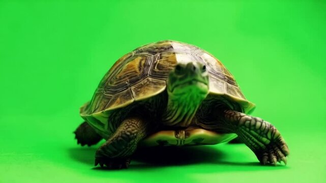 Close up shot of a turtle with a brown shell on a green screen looking directly at the camera green screen animal video