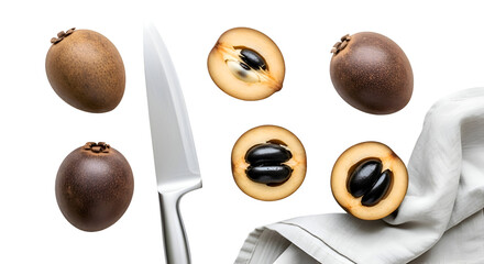 Sapodilla Fruits are Sliced with a Knife on a Transparent Background with a White Cloth
