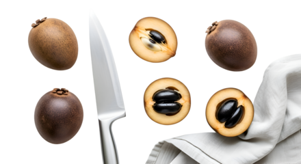 Sapodilla Fruits are Sliced with a Knife on a Transparent Background with a White Cloth