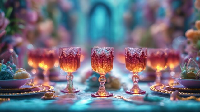 Miniature photography of a surreal banquet table with glowing goblets, tilt-shift focus on central details, dreamy background and fantasy colors