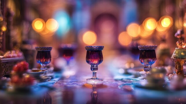 Miniature photography of a surreal banquet table with glowing goblets, tilt-shift focus on central details, dreamy background and fantasy colors