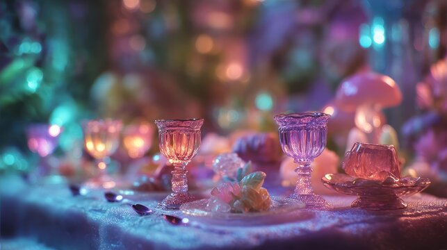 Miniature photography of a surreal banquet table with glowing goblets, tilt-shift focus on central details, dreamy background and fantasy colors