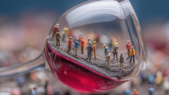 Miniature world with hundreds of tiny people standing around an oversized surreal wine glass, tilt-shift photography style, hyper-realistic macro scene with glass goblets and a river of wine