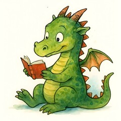 Fototapeta premium Enchanting scene featuring a cheerful dragon immersed in a book, perfect for children's stories and educational materials.