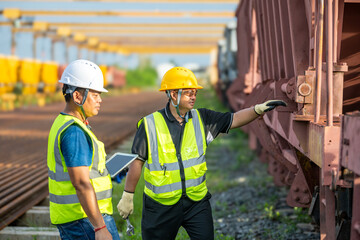 Engineers Team Standing and Talking on Train Tracks Two Engineers Inspecting and Repairing Train Equipment at Depot Asian Industrial Engineers: Teamwork and Expertise in Railway Operations.