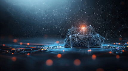 Abstract digital design with a central geometric form, connected by glowing lines and dots, set against a dark background with swirling effects and light particles