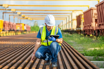 Asian Engineer Kneeling: Professional Inspection of Railway Maintenance Worker: Technician Checking Steel Rail at Construction Site Industrial Safety: Engineer Focusing on Train Track Inspection.