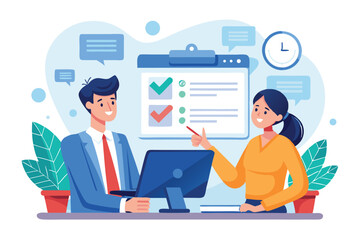 Consultant discusses project tasks with client in modern office setting during daytime workflow for effective collaboration