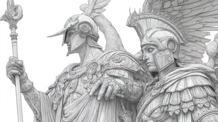 Detailed monochrome depiction of two figures, possibly warriors or deities, with elaborate armor and wings