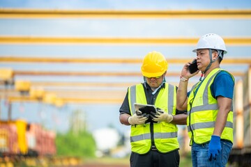 Communication in Industry: Engineer Talking on Phone, Another with Tablet at Railway Site Outdoor Engineering: Two Confident Engineers Standing and Planning Maintenance on Iron Train Tracks.
