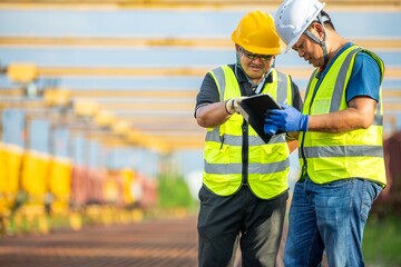 Railway project supervisor reviewing project on tablet, team railway project planning worker at construction site look tablet checking railway project by supervisors Infrastructure Team Coordinating