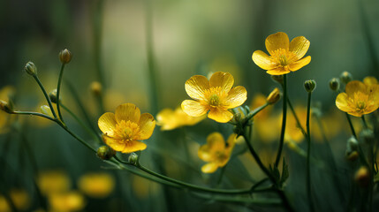 Obraz premium Yellow Buttercup Blossoms in Meadow