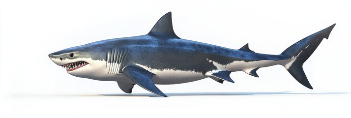 Naklejka premium Three-Dimensional Great White Shark Illustration in Aggressive Side View with Exaggerated Bite and Fin