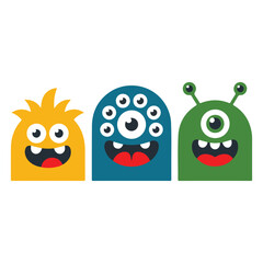 Fototapeta premium Three Cartoon Monsters in Yellow Blue and Green with Big Eyes