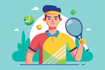 Vector illustration of a male tennis player holding a racket while surrounded by tennis balls with a vibrant background in a sporty setting