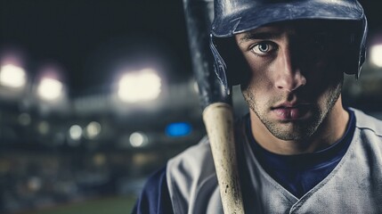 Young college baseball player in uniform gripping bat with intense focus during game. Athletic determination, competitive sports, university team spirit and amateur athlete dedication.