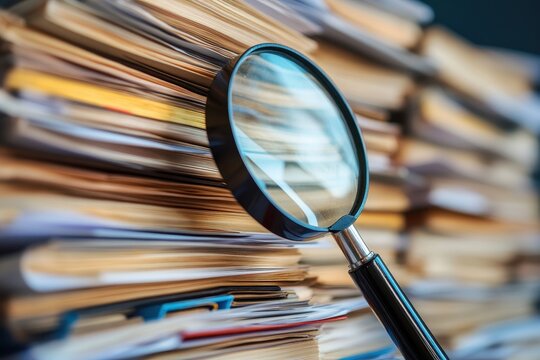 Magnifying Glass Over Stacked Reports. Visualizing Business Documentation and Search Concepts