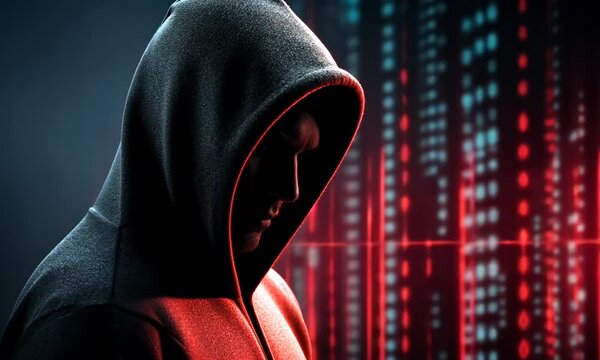 Mysterious figure in a hooded sweatshirt, set against a digital data background. Red light accents the scene - Powered by Adobe