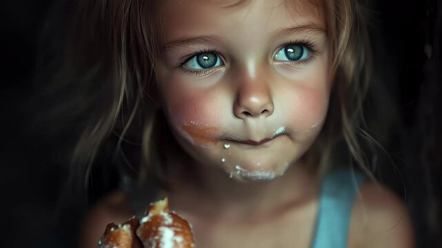 Little girl enjoying sweet treat with delight captured in a cozy indoor setting, Child little girl portrait greedily eating sweet donuts stuffing her mouth full