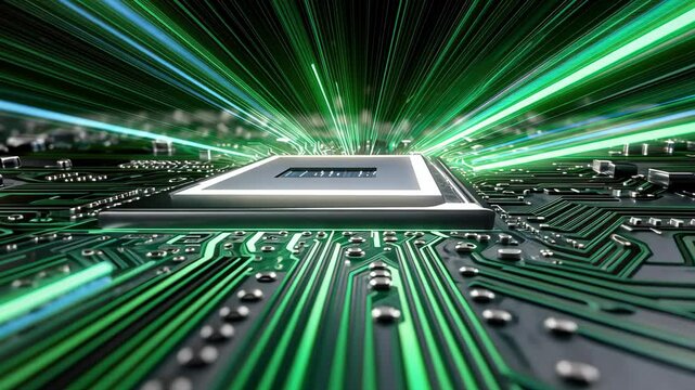 Futuristic digital circuit board with glowing lines and a central processor, showcasing advanced technology and innovation.