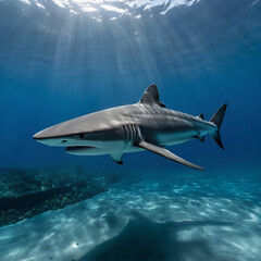 Fototapeta premium Blue Shark Gliding Gracefully Through Crystal-Clear Ocean Depths