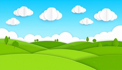 Fototapeta premium Green grass summer landscape with blue sky and fluffy clouds