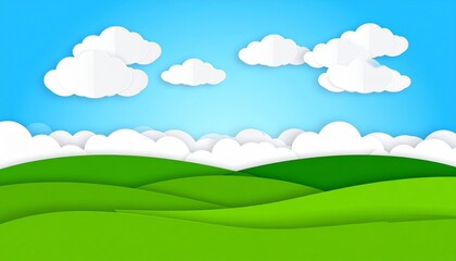 Obraz premium Green grass summer landscape with blue sky and fluffy clouds
