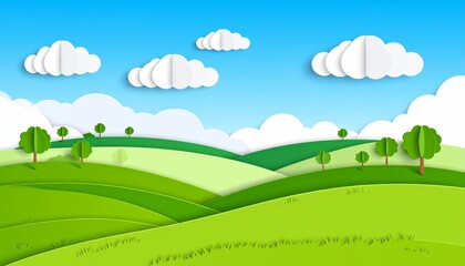 Obraz premium Green grass summer landscape with blue sky and fluffy clouds