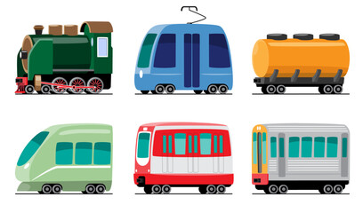 Train vehicles transportation cartoon illustration . Includes steam Locomotive, light rail or tram car, tank wagon, bullet train, coach and freight car . Set 2 of 3 . Vector .