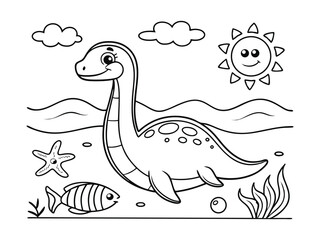 Fototapeta premium Sea animals coloring page, cartoon dinosaur and fish. Black and white line art of a smiling baby sea dinosaur swimming underwater surrounded by seaweed