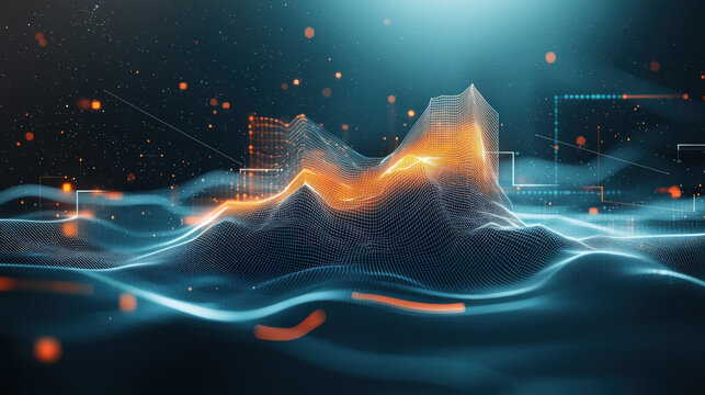 Abstract digital landscape with glowing, wire-frame mountains and fluid waves