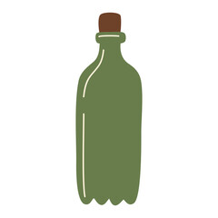 Glass green bottle oil with brown cork, organic product packaging, eco-friendly container, reusable drink jar, sustainable food storage, minimalist design, hand-drawn element, vector illustration